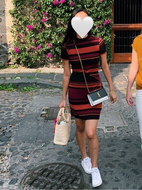 A&F Striped Geometric Short-Sleeve Bodycon Midi Dress in Burgundy and Black